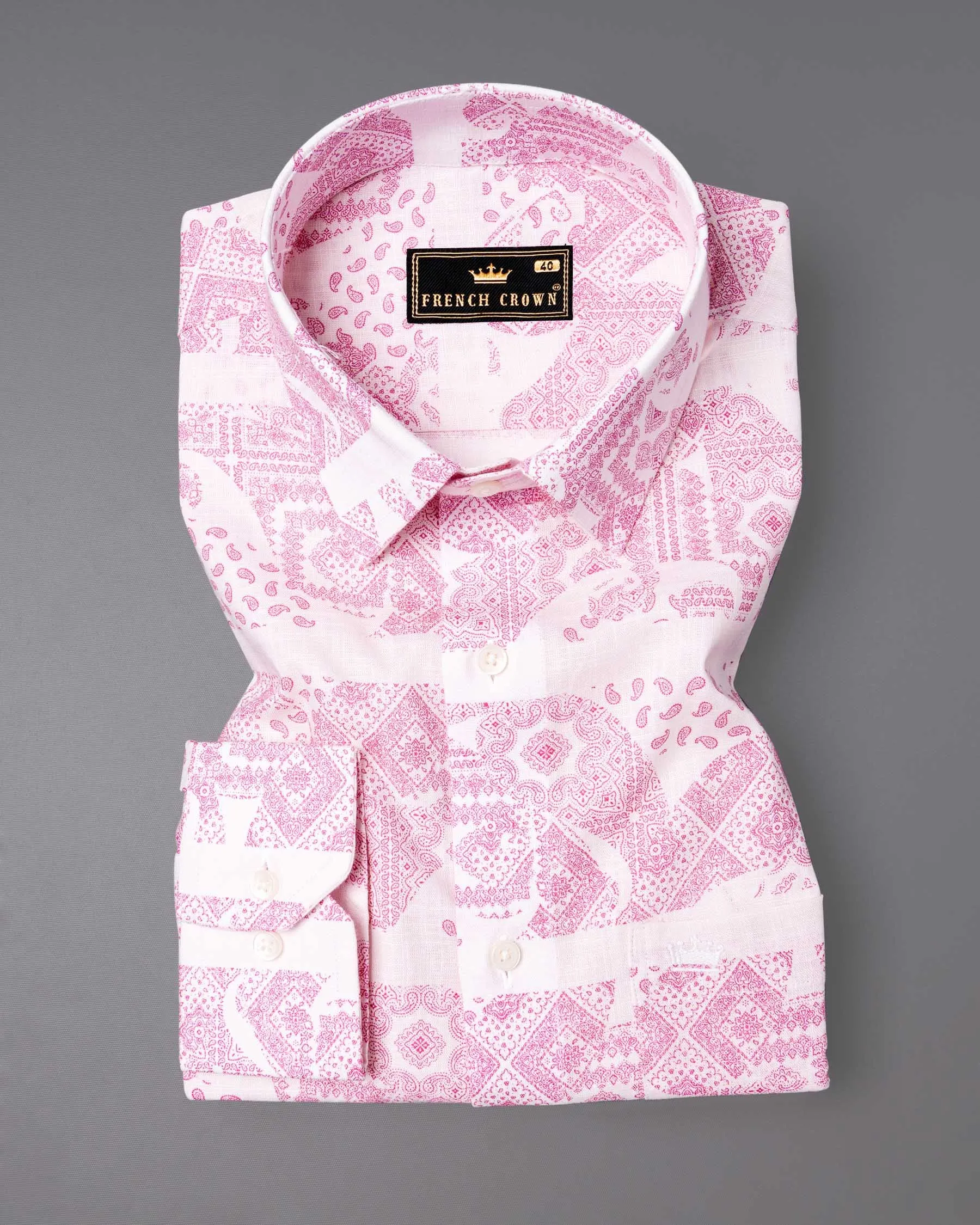 Amour Pink Ancient Paisleys Printed Luxurious Linen Shirt