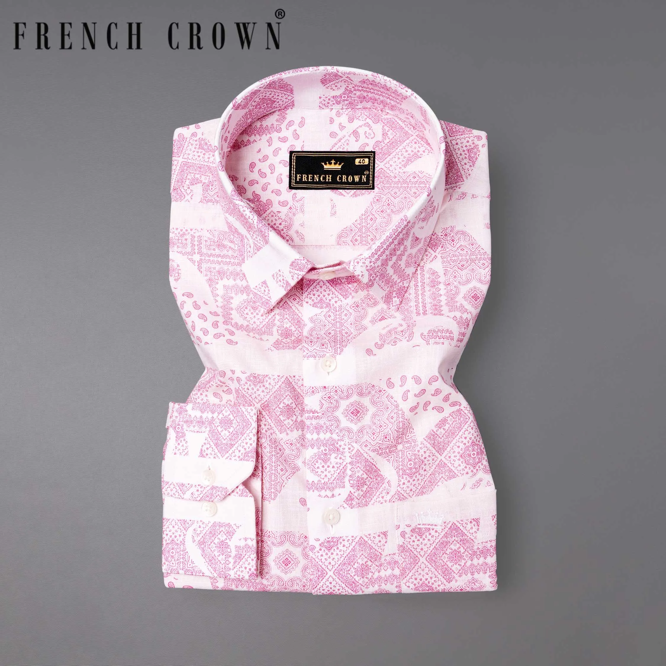 Amour Pink Ancient Paisleys Printed Luxurious Linen Shirt