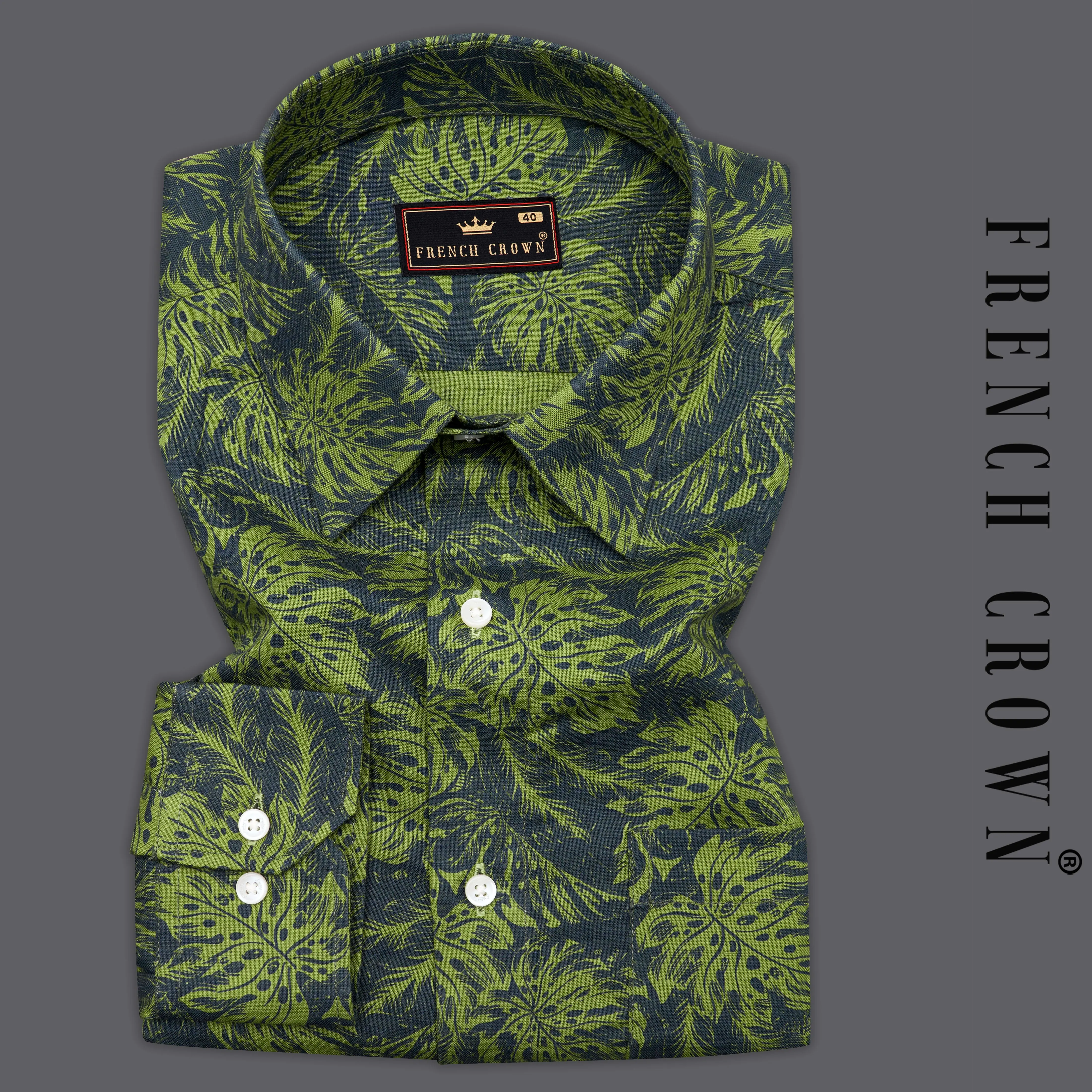 Asparagus Green with Black Floral Textured Luxurious Linen Shirt