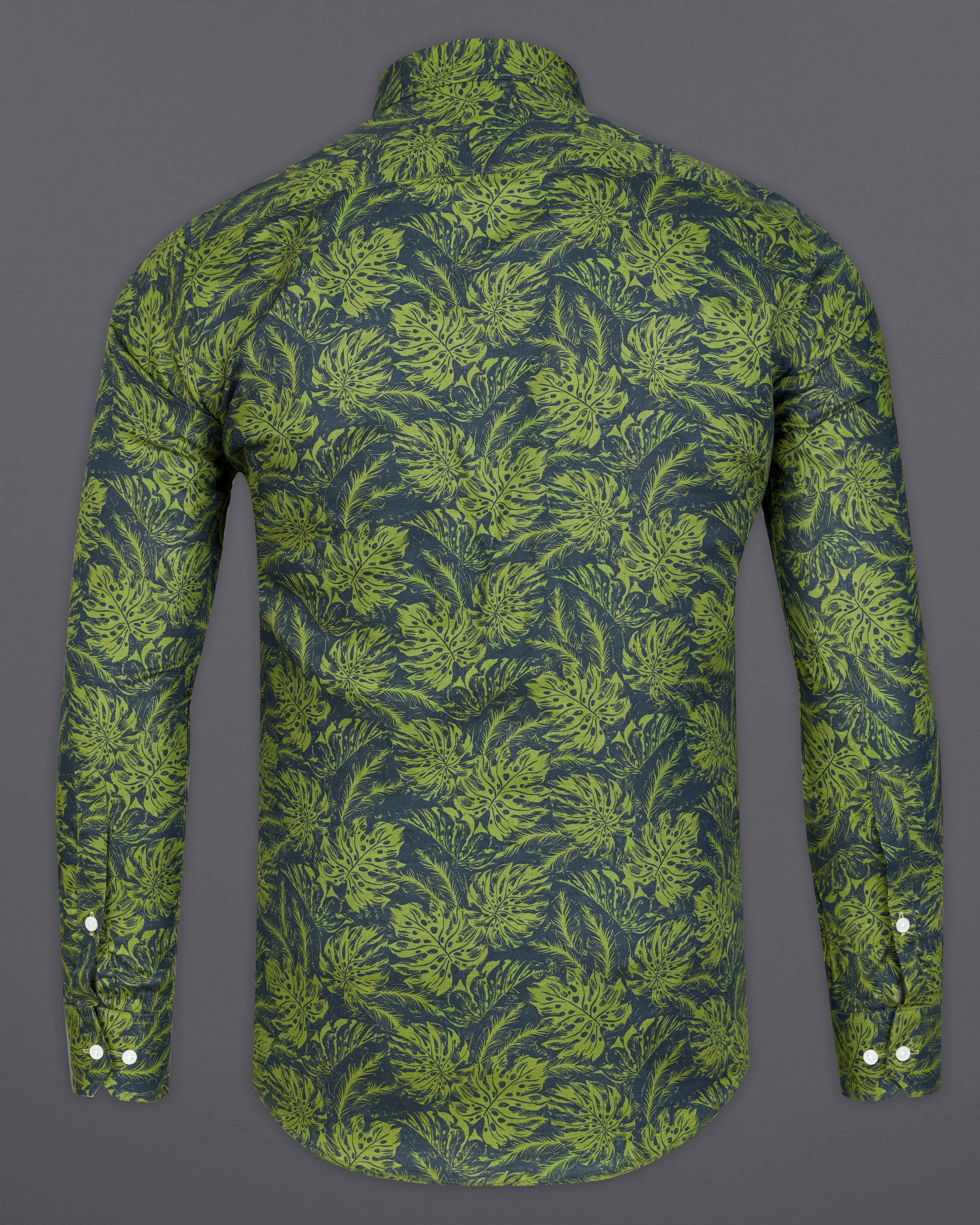 Asparagus Green with Black Floral Textured Luxurious Linen Shirt