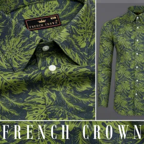 Asparagus Green with Black Floral Textured Luxurious Linen Shirt