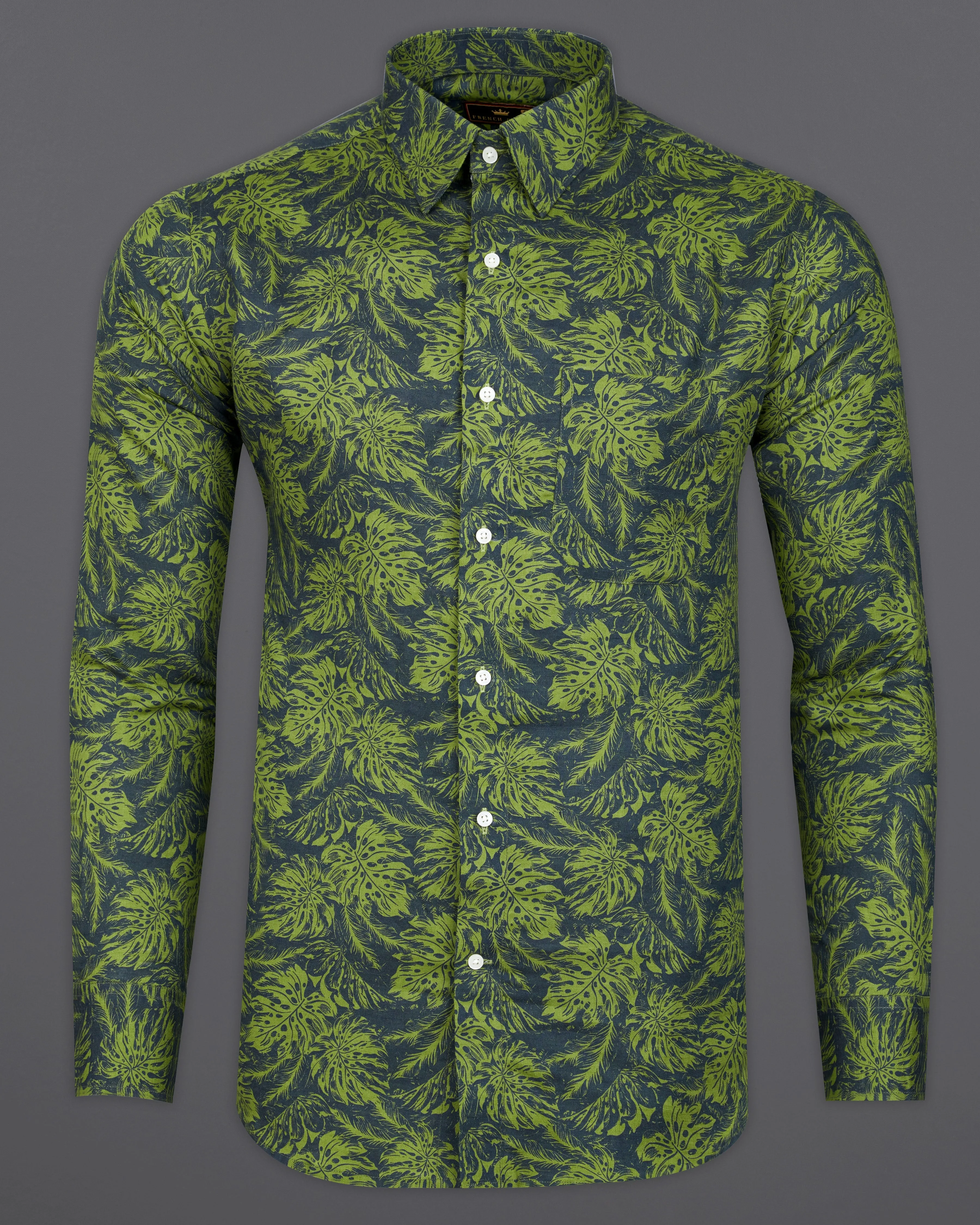 Asparagus Green with Black Floral Textured Luxurious Linen Shirt