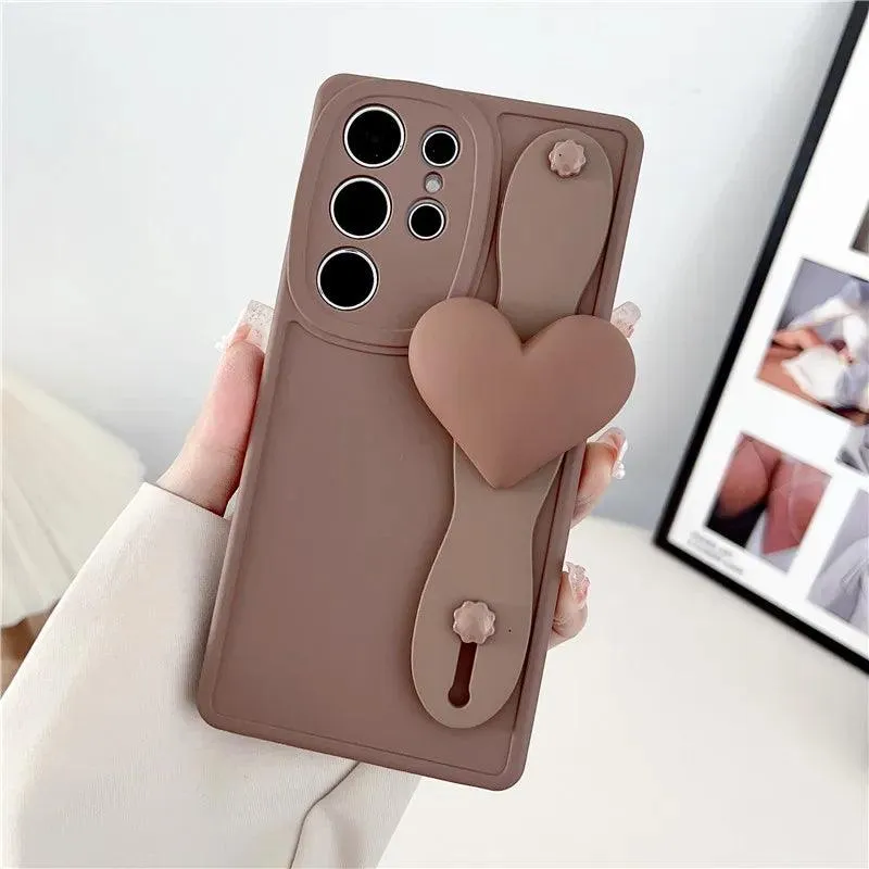 BCPC354 Cute Phone Case for Galaxy S23 Ultra, S22, S21, S20 FE, A54, 14, 24, 34, 53, M14, M54, 34, and F54 - Luxurious 3D Heart Design With Wrist Strap