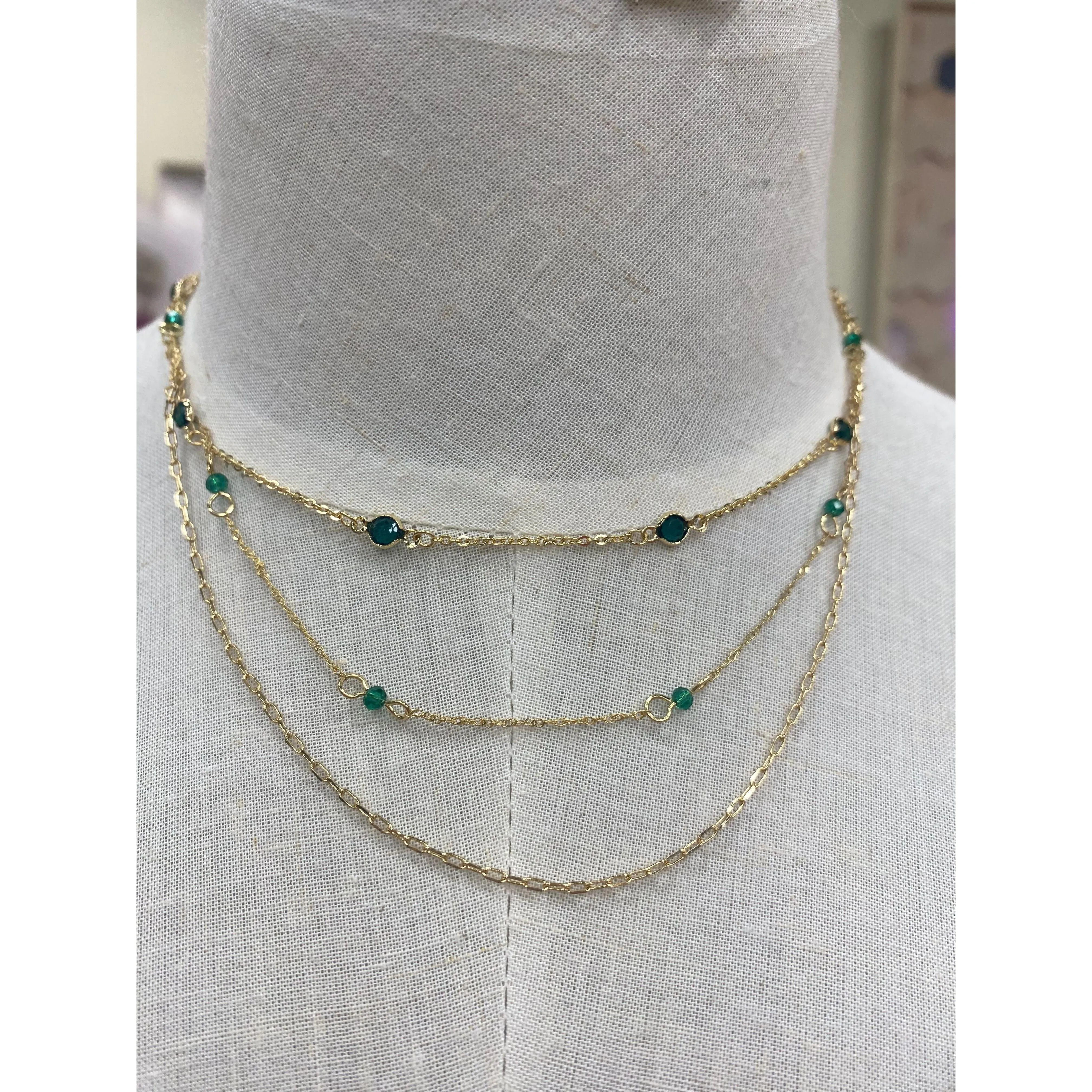 Beaded Layered Gold Emerald Necklace