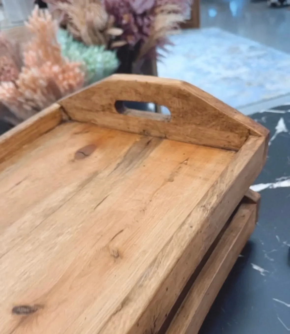 black Long Wood Rustic Tray