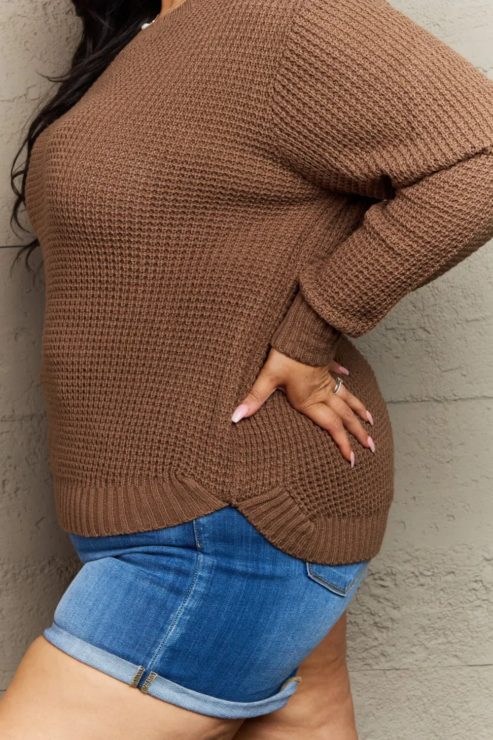 Breezy Days High Low Waffle Knit Sweater in Chestnut