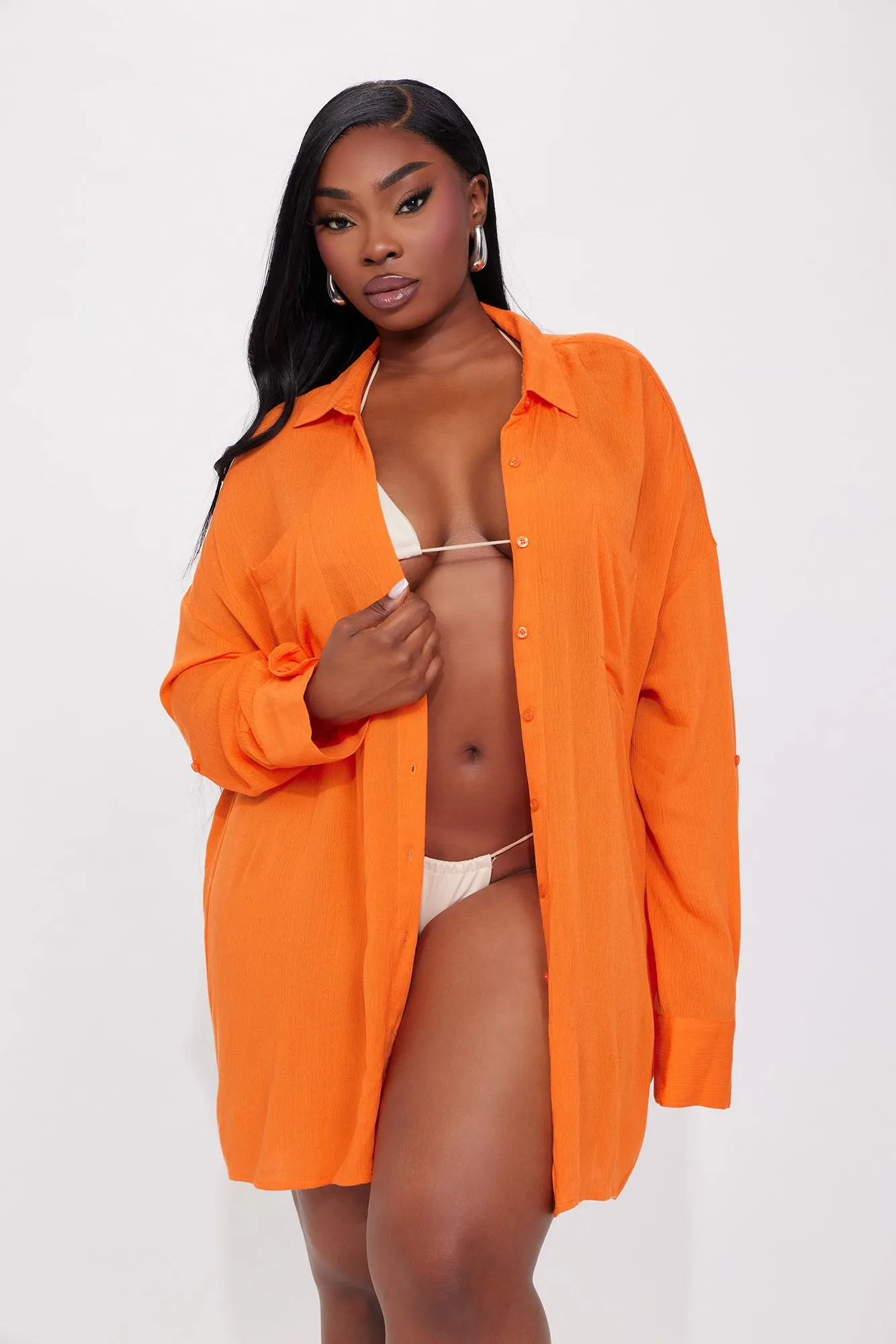 Breezy Nights Linen Pocket Cover Up Shirt - Orange