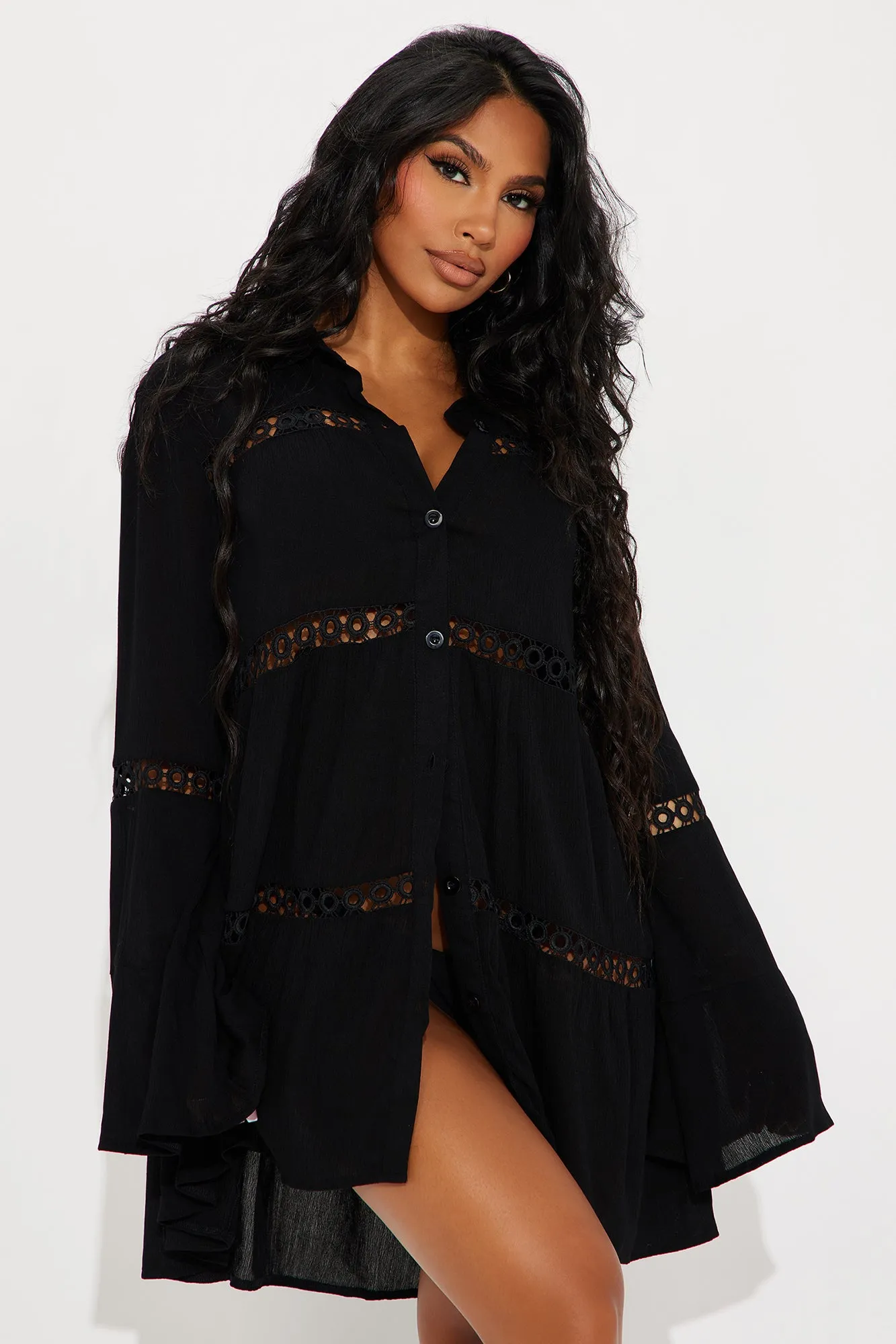 Breezy Paradise Linen Circle Cover Up Shirt Dress - Black