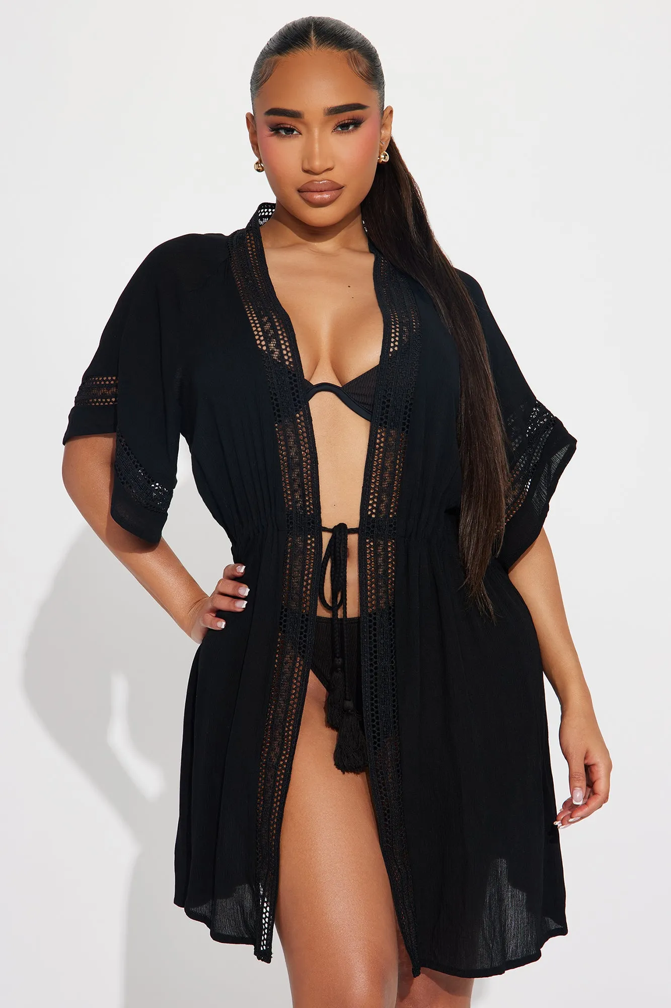 Breezy Paradise Linen Crochet Trim Cover Up Kimono - Black