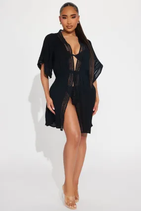 Breezy Paradise Linen Crochet Trim Cover Up Kimono - Black