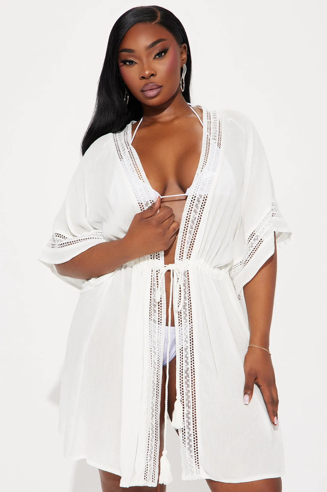 Breezy Paradise Linen Crochet Trim Cover Up Kimono - White