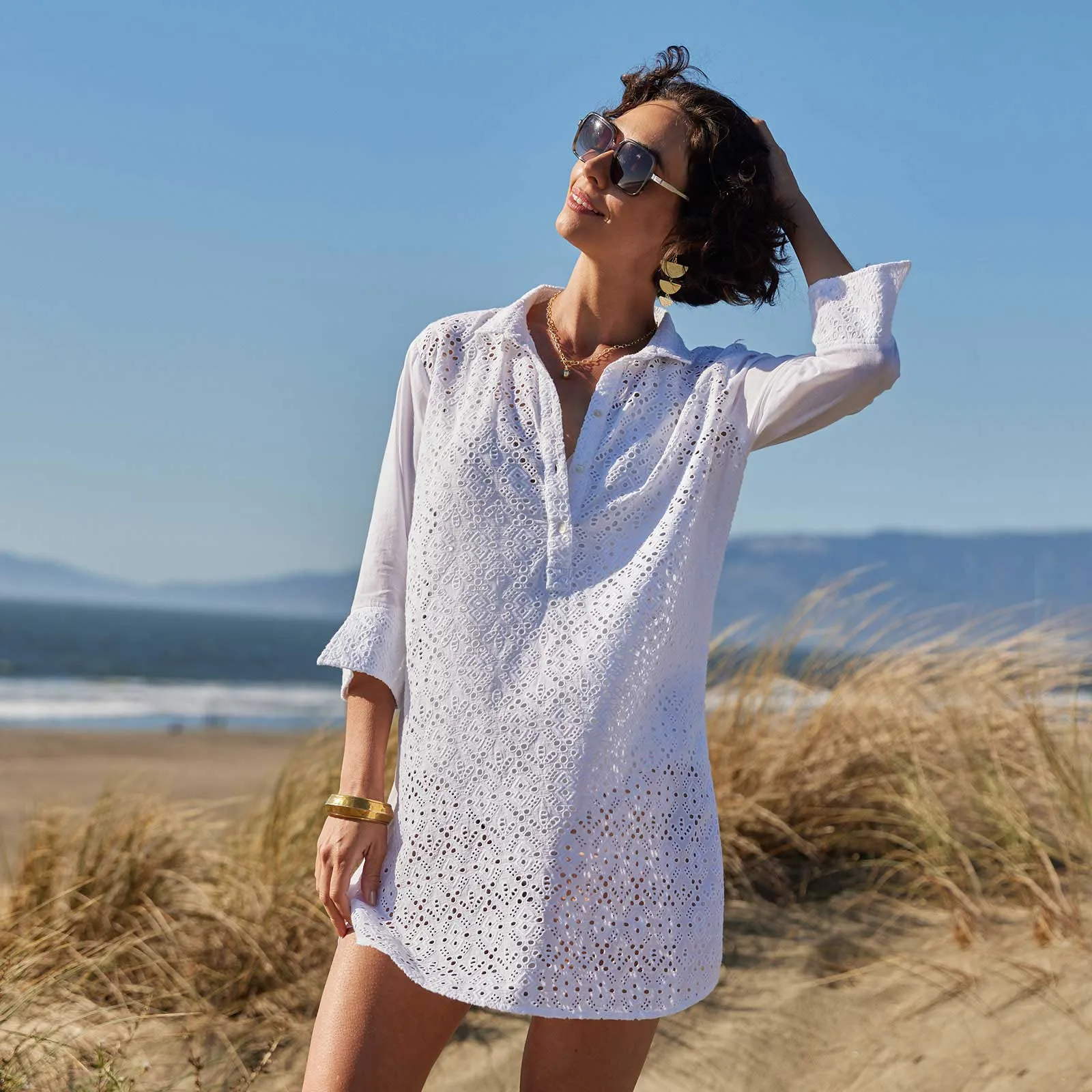 Breezy White Eyelet Beach Cover Up Shirt