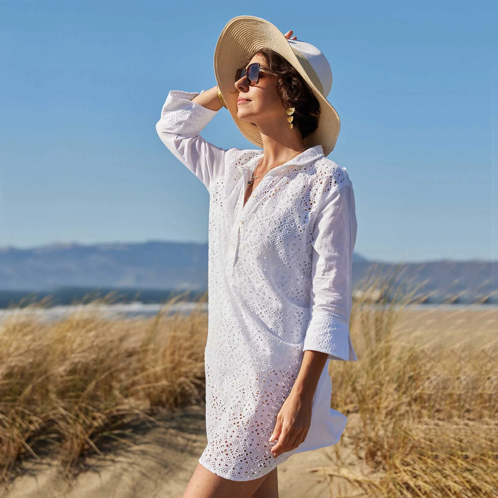 Breezy White Eyelet Beach Cover Up Shirt