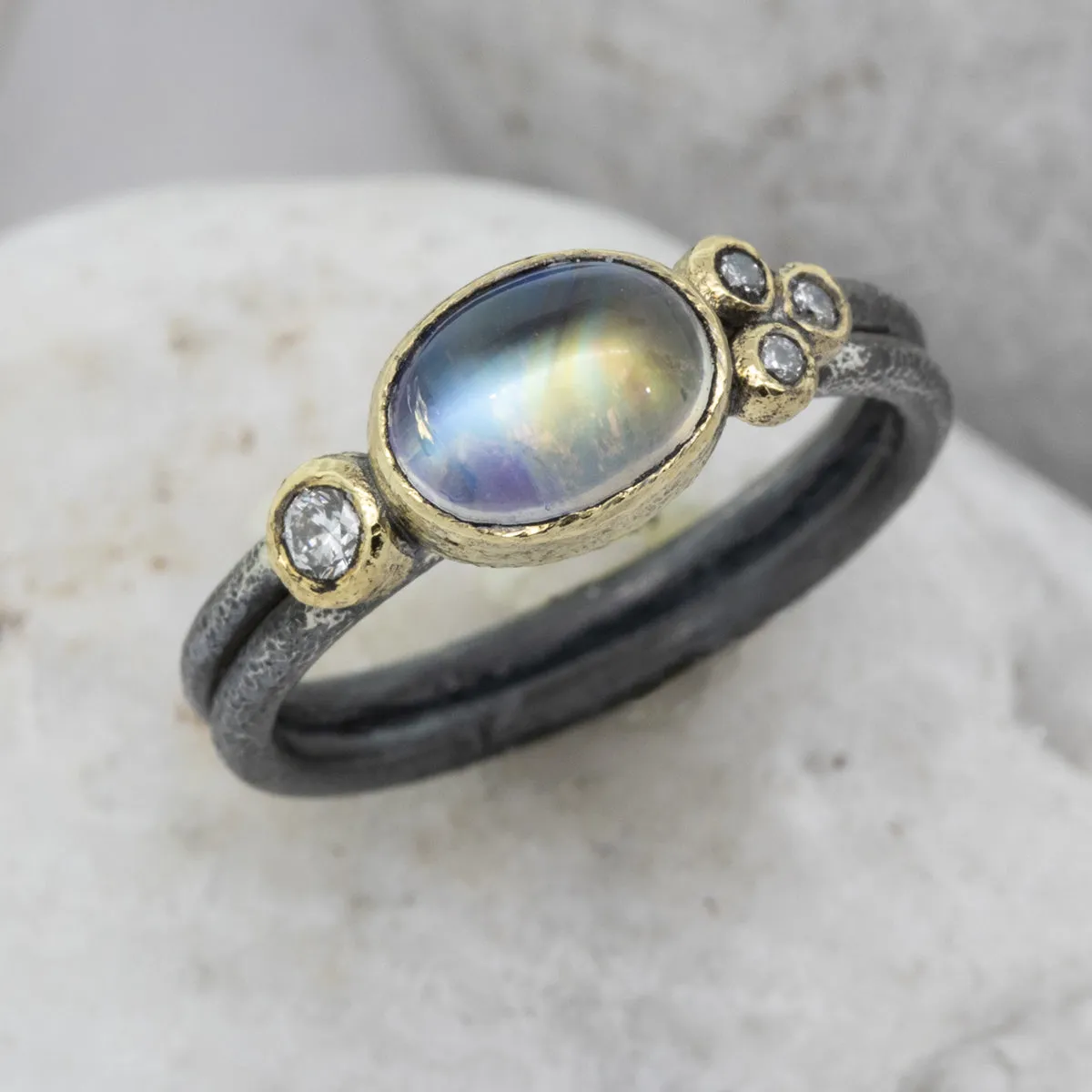 Delicate Double Band with Oval Rainbow Moonstone