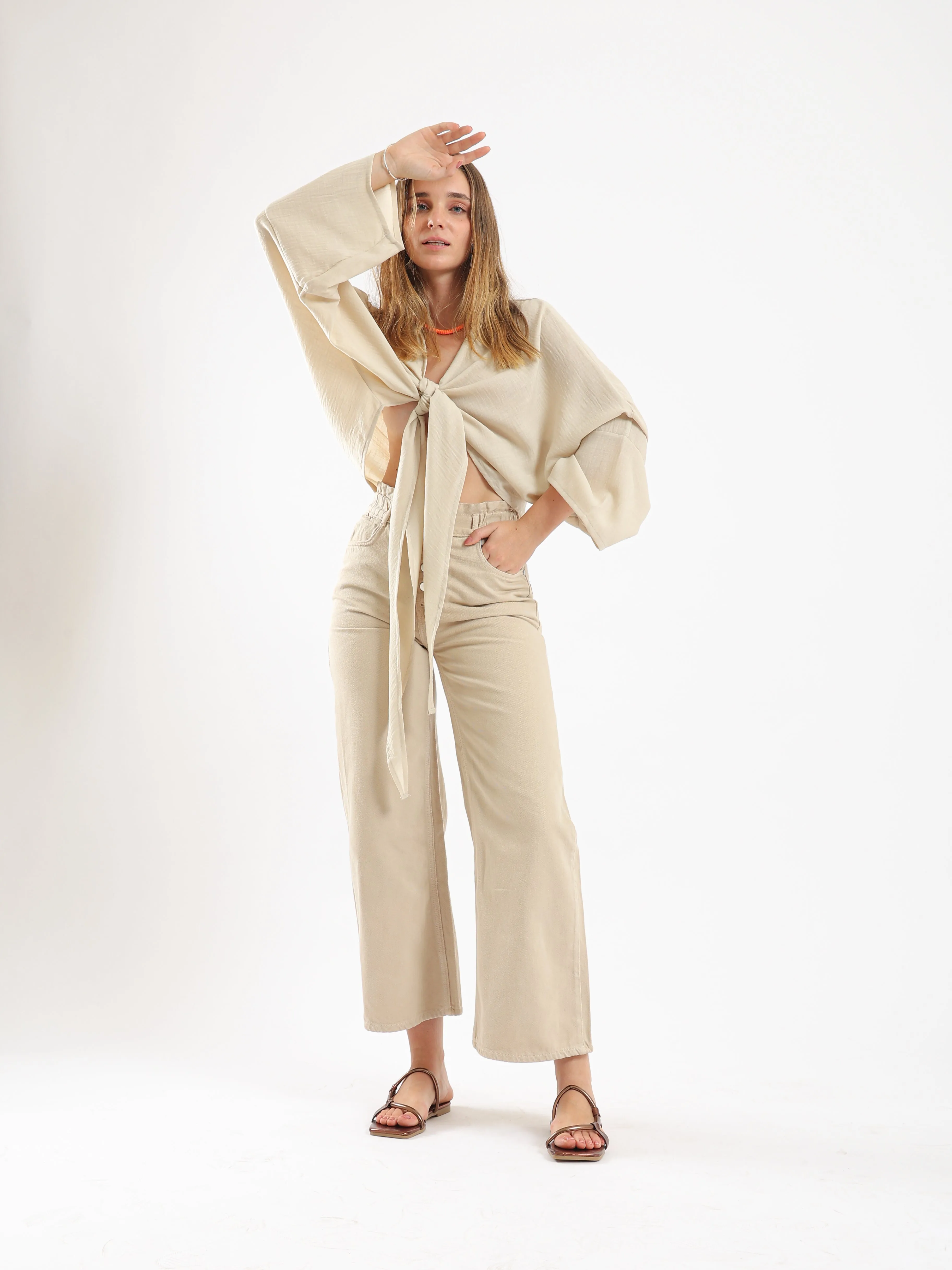 EASY BREEZY TIE FRONT TOP - BEIGE