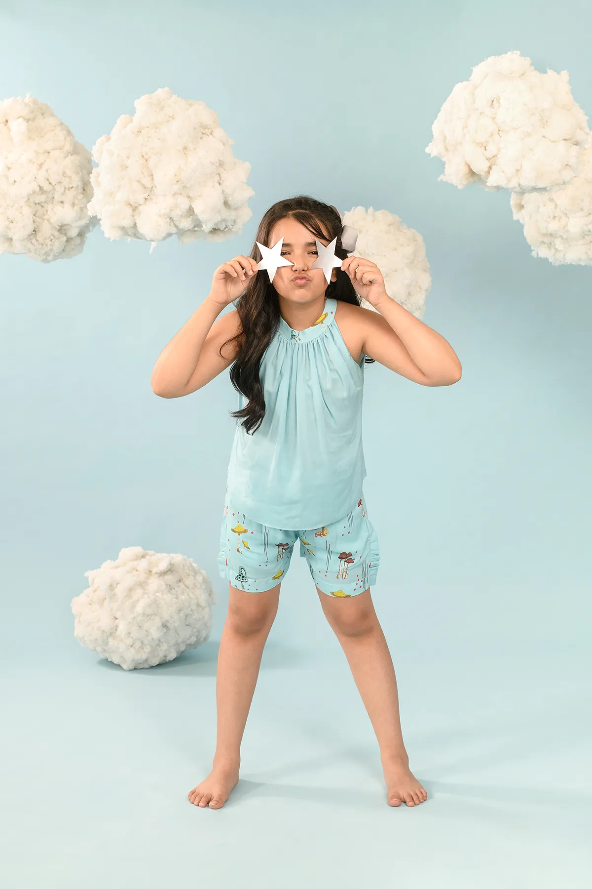 Easy-breezy- Blue Mushroom Shorts Set For Girls