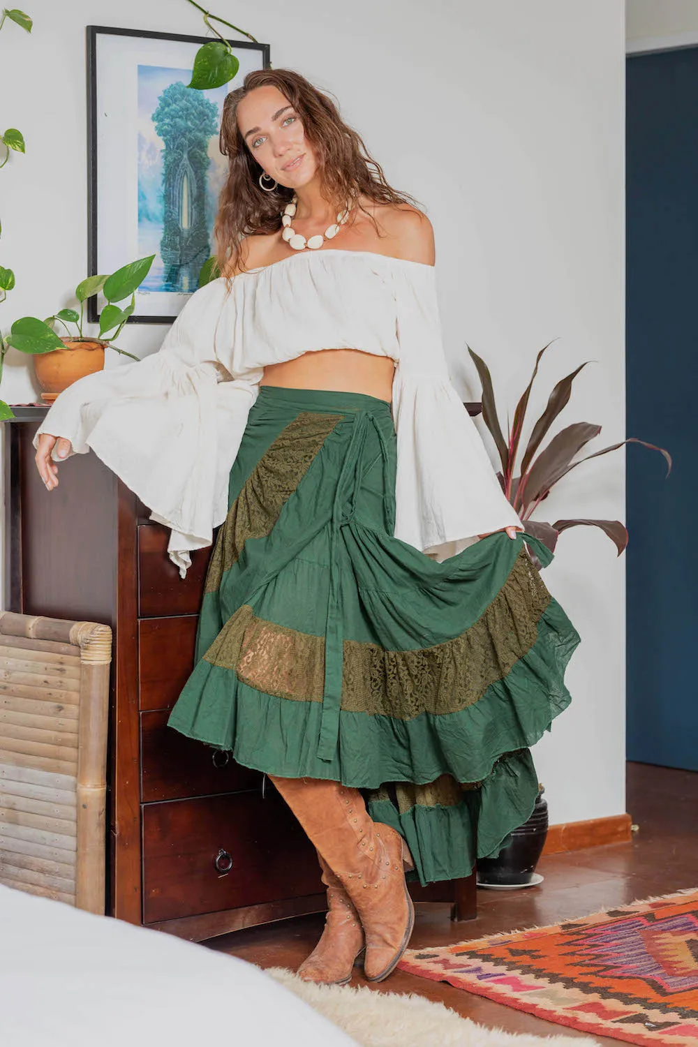 FLAMENCO URBAN GYPSY SKIRT GREEN WITH LACE