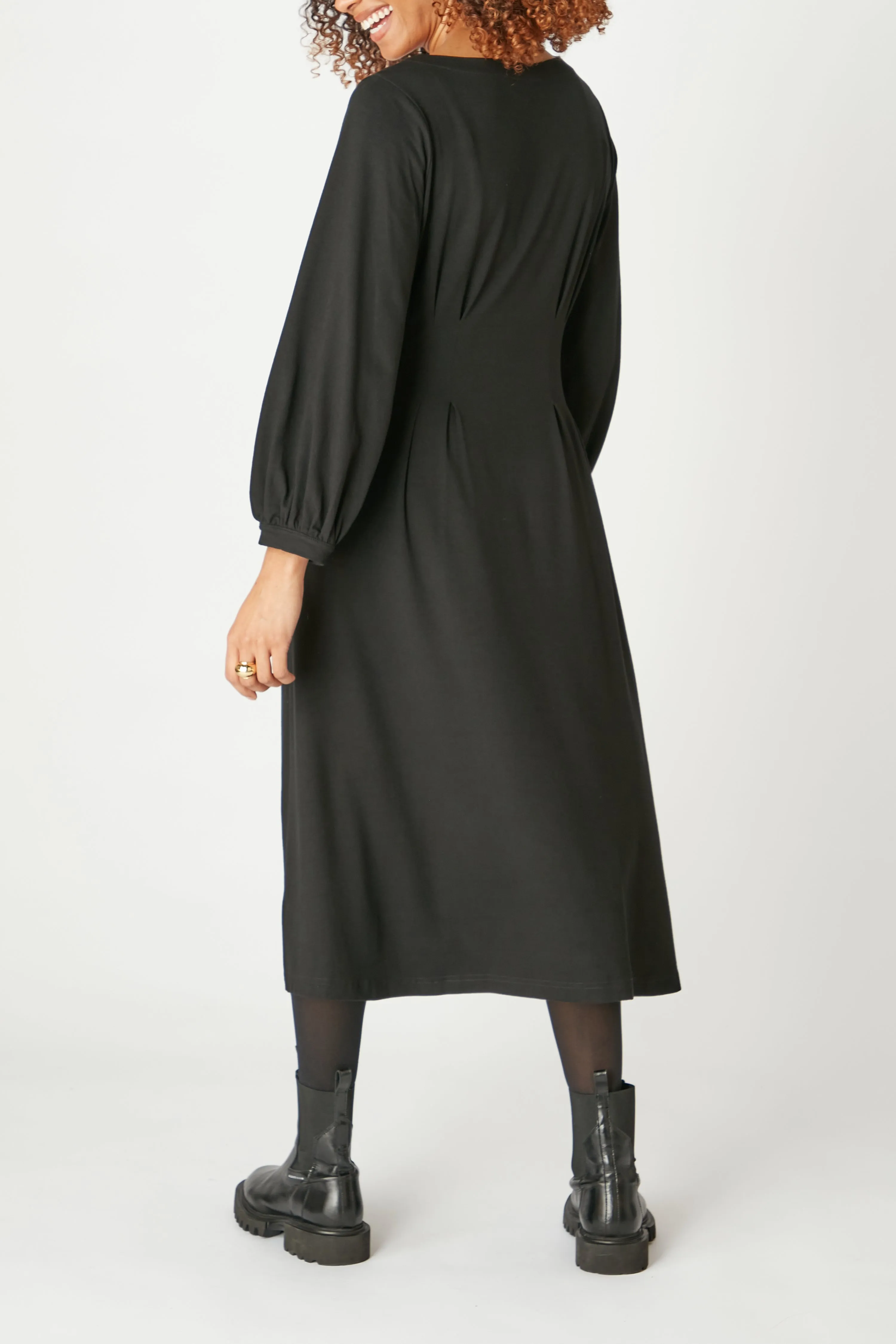 Fluid Crepe Pleat Waist Dress - Black