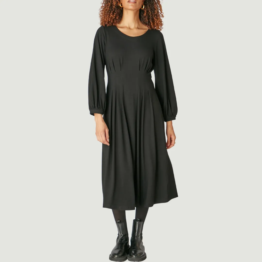 Fluid Crepe Pleat Waist Dress - Black