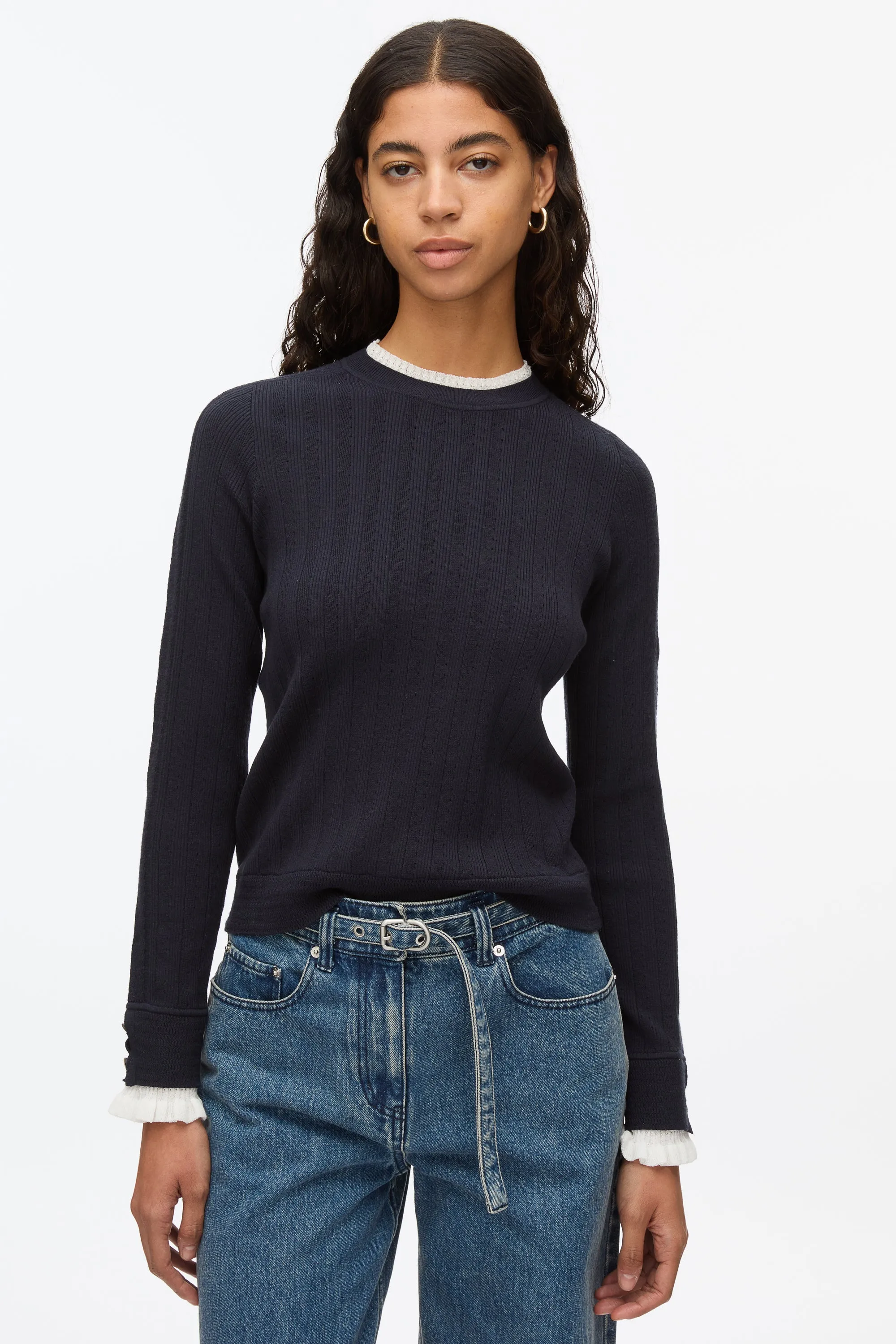 Fluid Rib Sweater with Ruffle Cuff