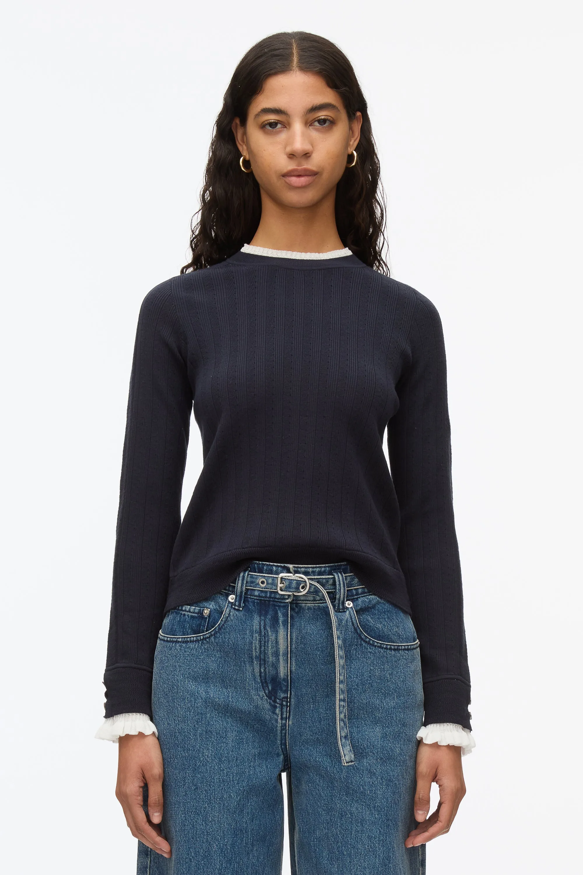 Fluid Rib Sweater with Ruffle Cuff