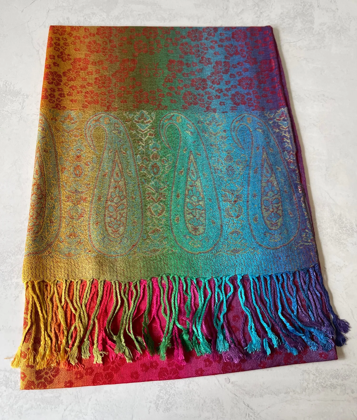 LARGE RUSTIC RED RAINBOW FLORAL PAISLEY PASHMINA SHAWL SCARF