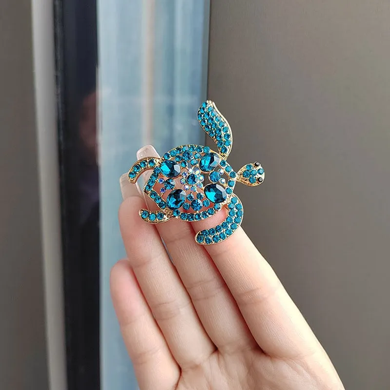 Luxurious Blue Crystal Turtle Brooch