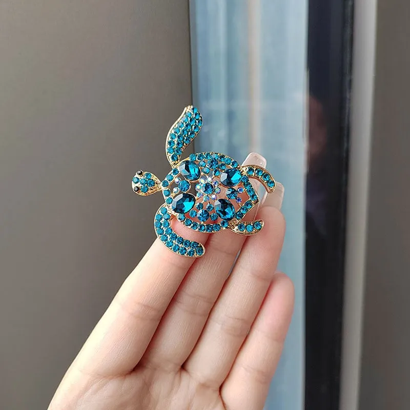 Luxurious Blue Crystal Turtle Brooch