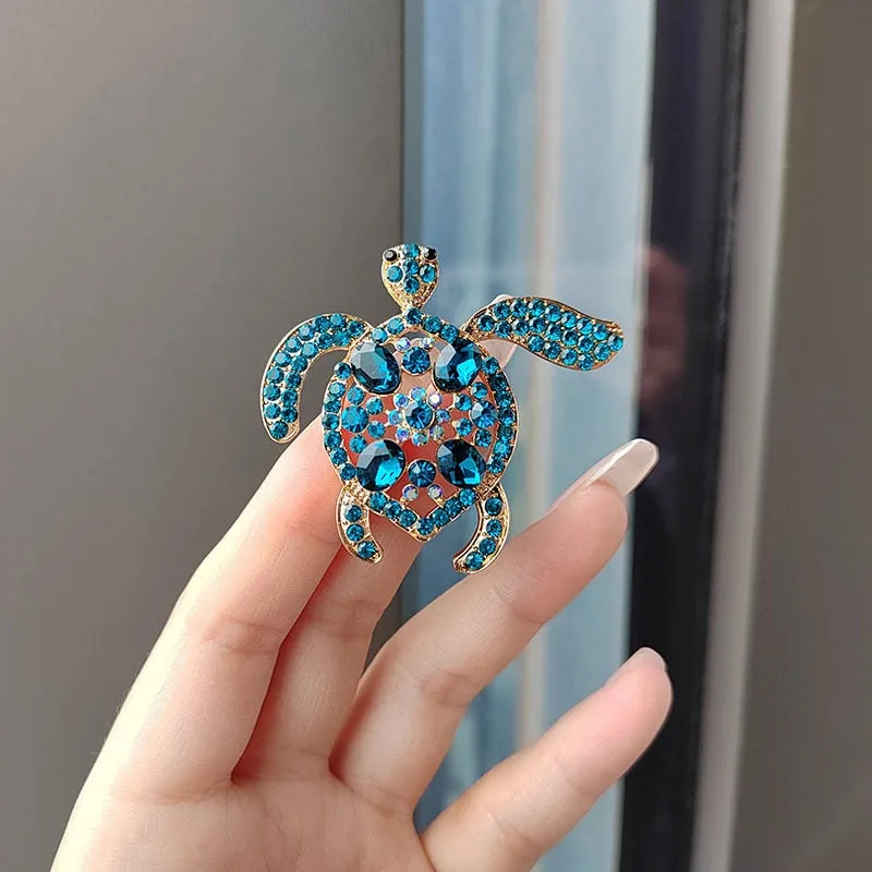 Luxurious Blue Crystal Turtle Brooch