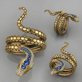 Luxurious Gold Blue Crystals Snake Ring