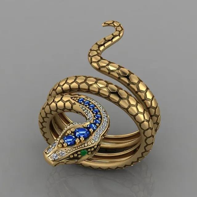 Luxurious Gold Blue Crystals Snake Ring