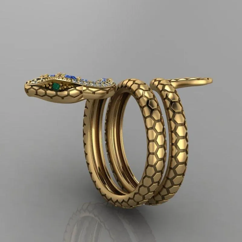 Luxurious Gold Blue Crystals Snake Ring