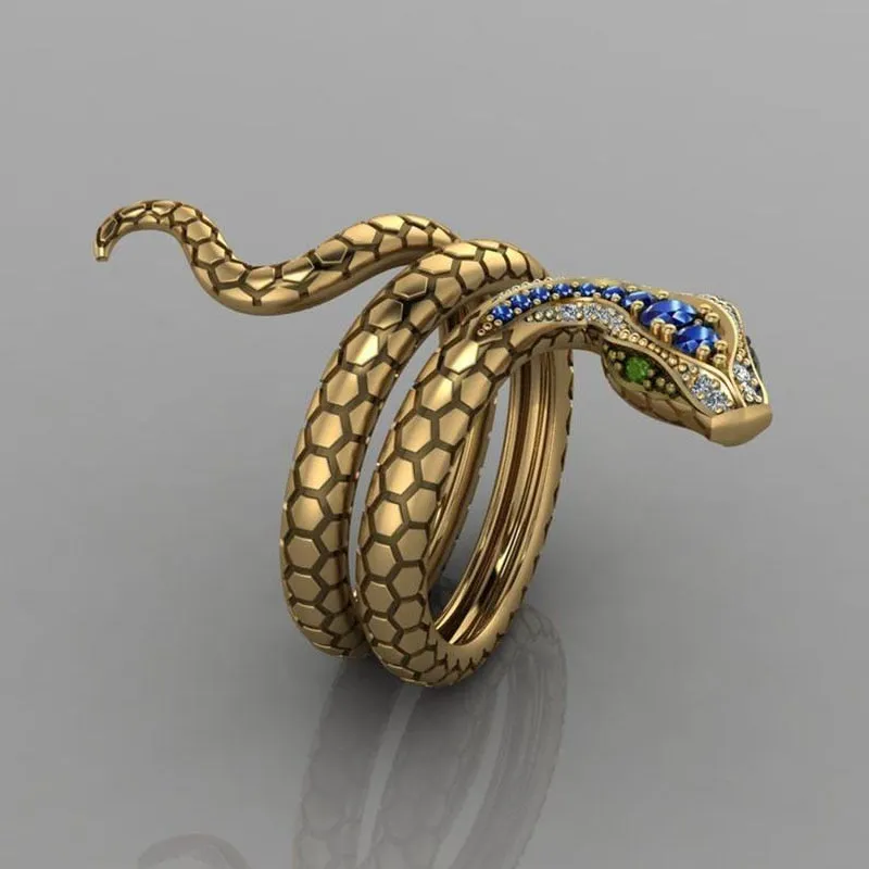 Luxurious Gold Blue Crystals Snake Ring