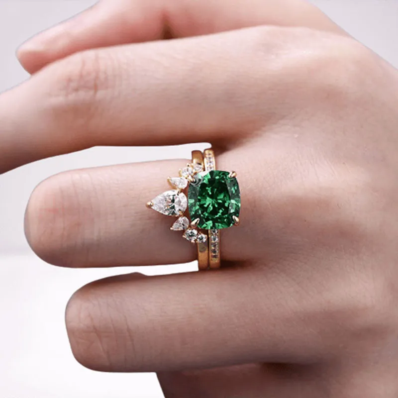 Luxurious Golden Tone Cushion Cut Emerald Green Bridal Set Sterling Silver