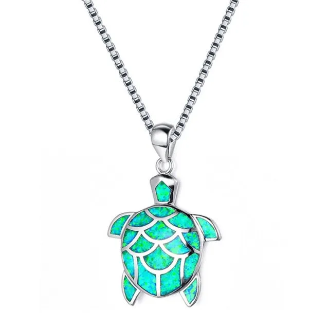 Luxurious Opal Silver Turtle Necklace