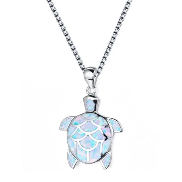 Luxurious Opal Silver Turtle Necklace