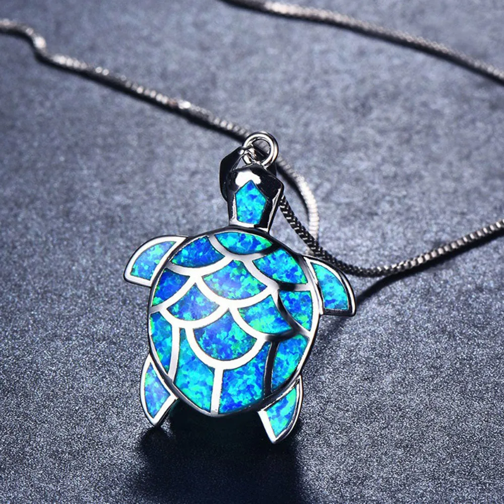 Luxurious Opal Silver Turtle Necklace