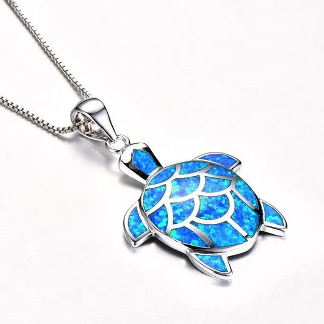 Luxurious Opal Silver Turtle Necklace