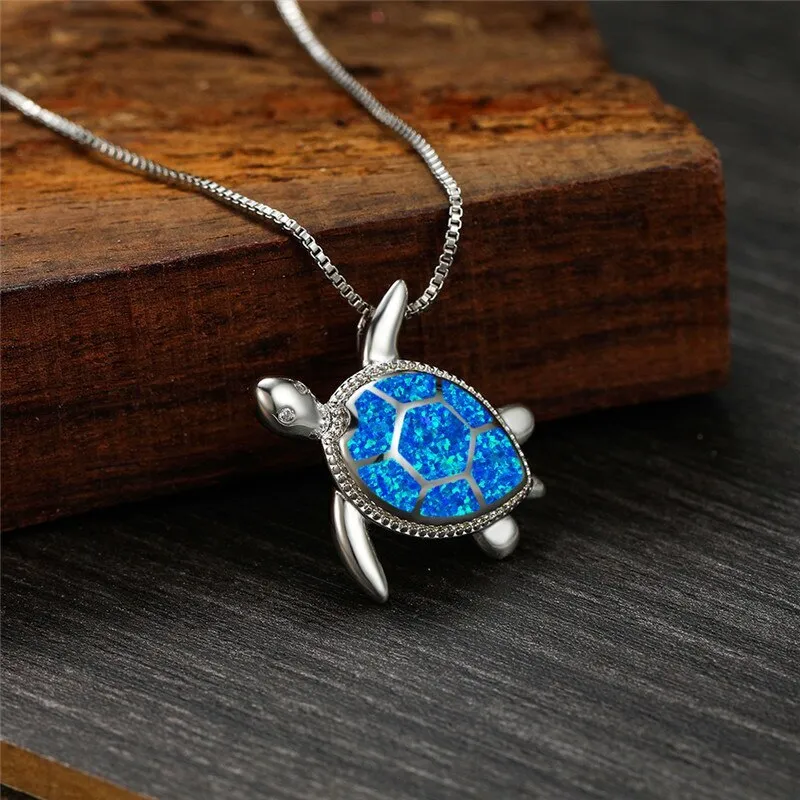 Luxurious Pure S925 Silver Opal Turtle Necklace