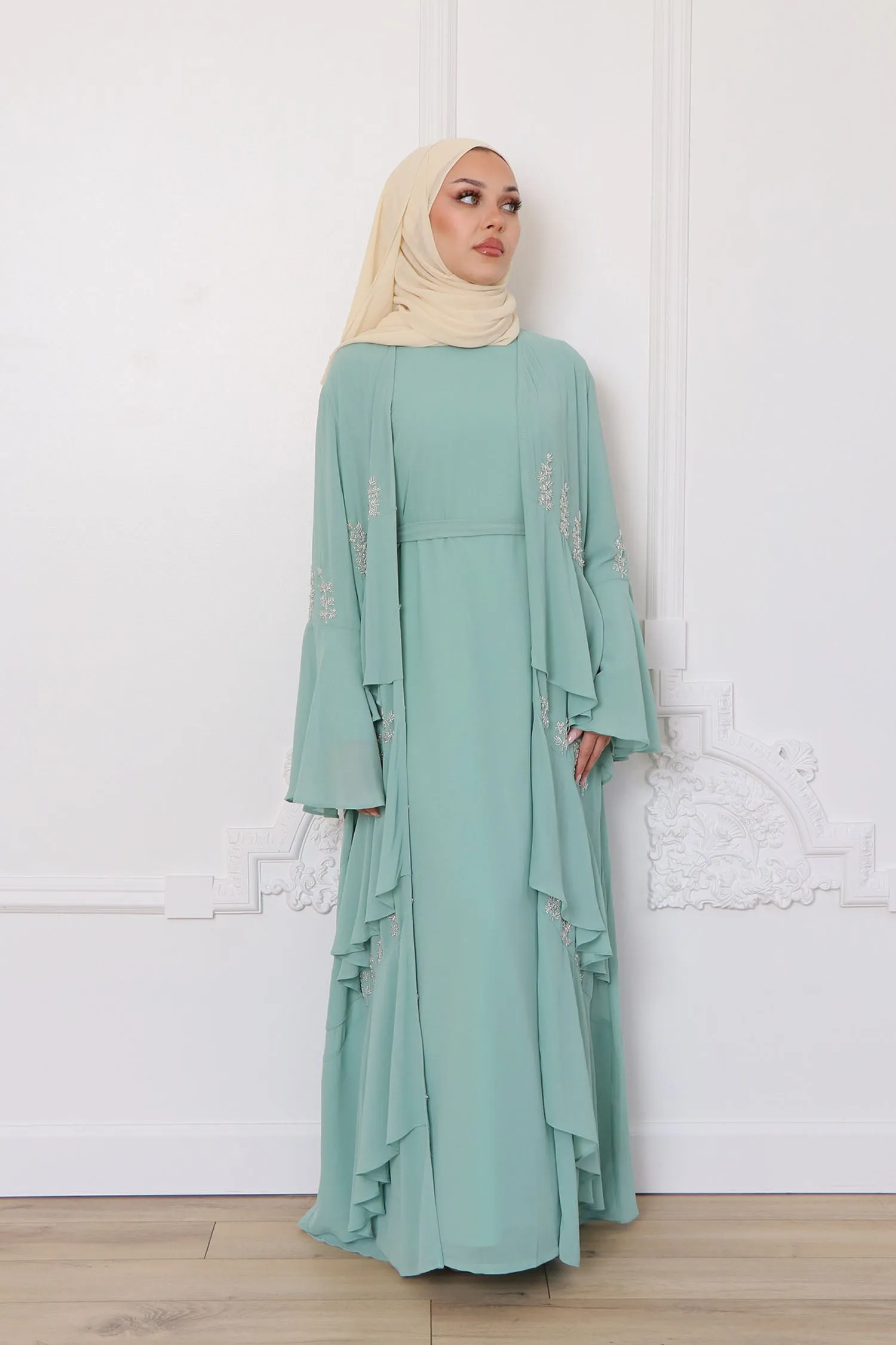 Mouna Chiffon Layered Abaya - Mint