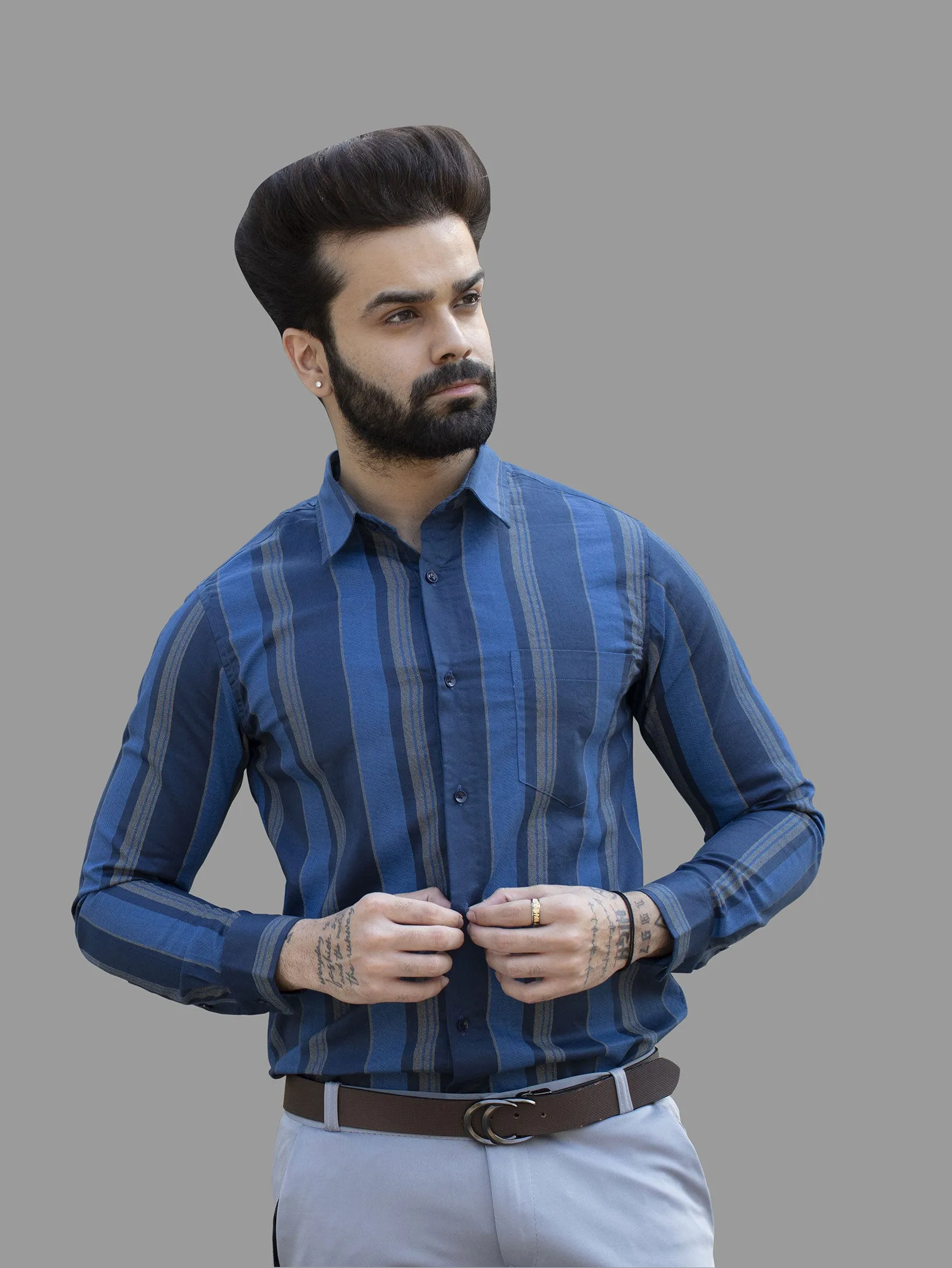 Navy Blue And Periwinkle Blue Striped Dobby Luxurious Cotton Shirt