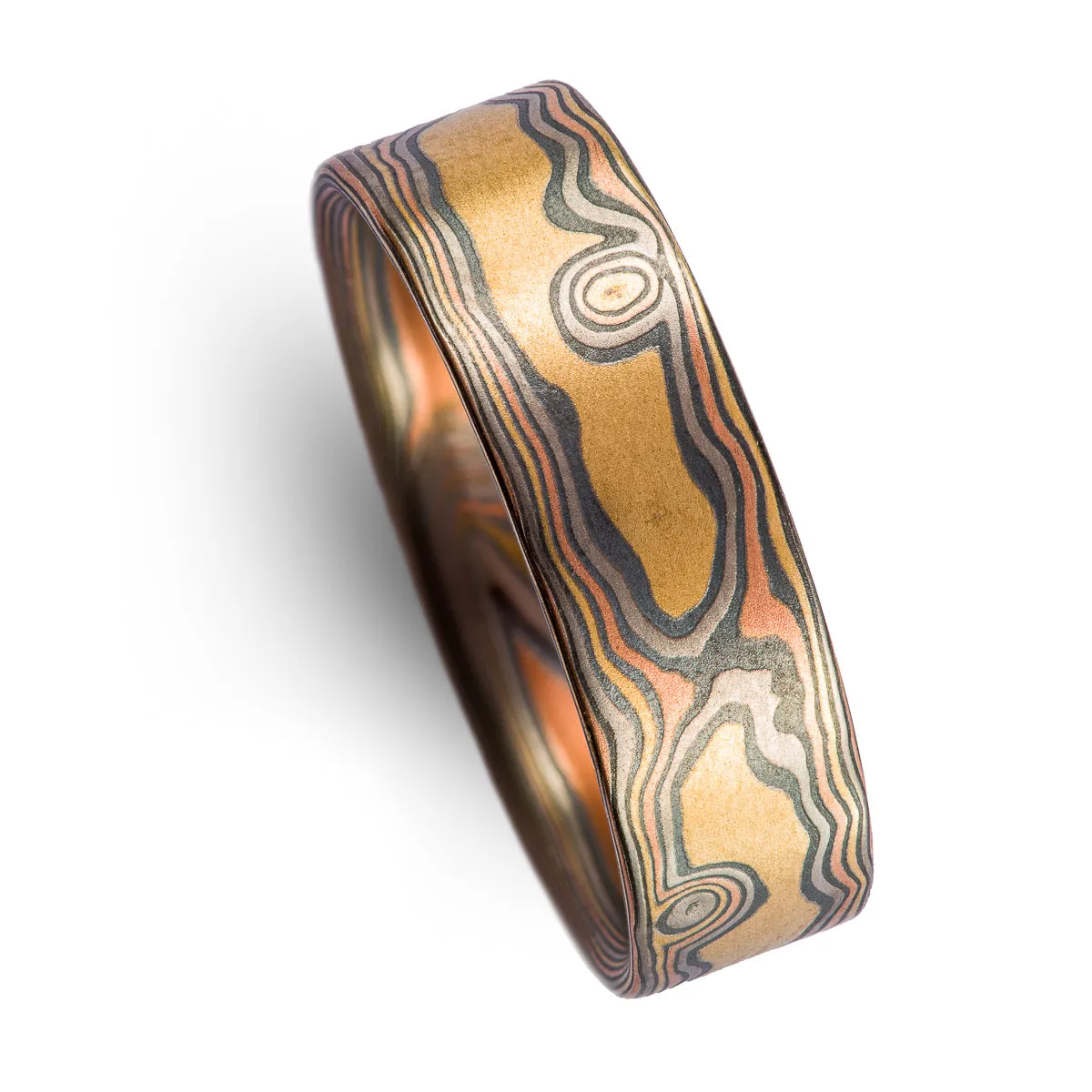 Rustic Flat Profile Woodgrain Pattern Ring in Firestorm Palette