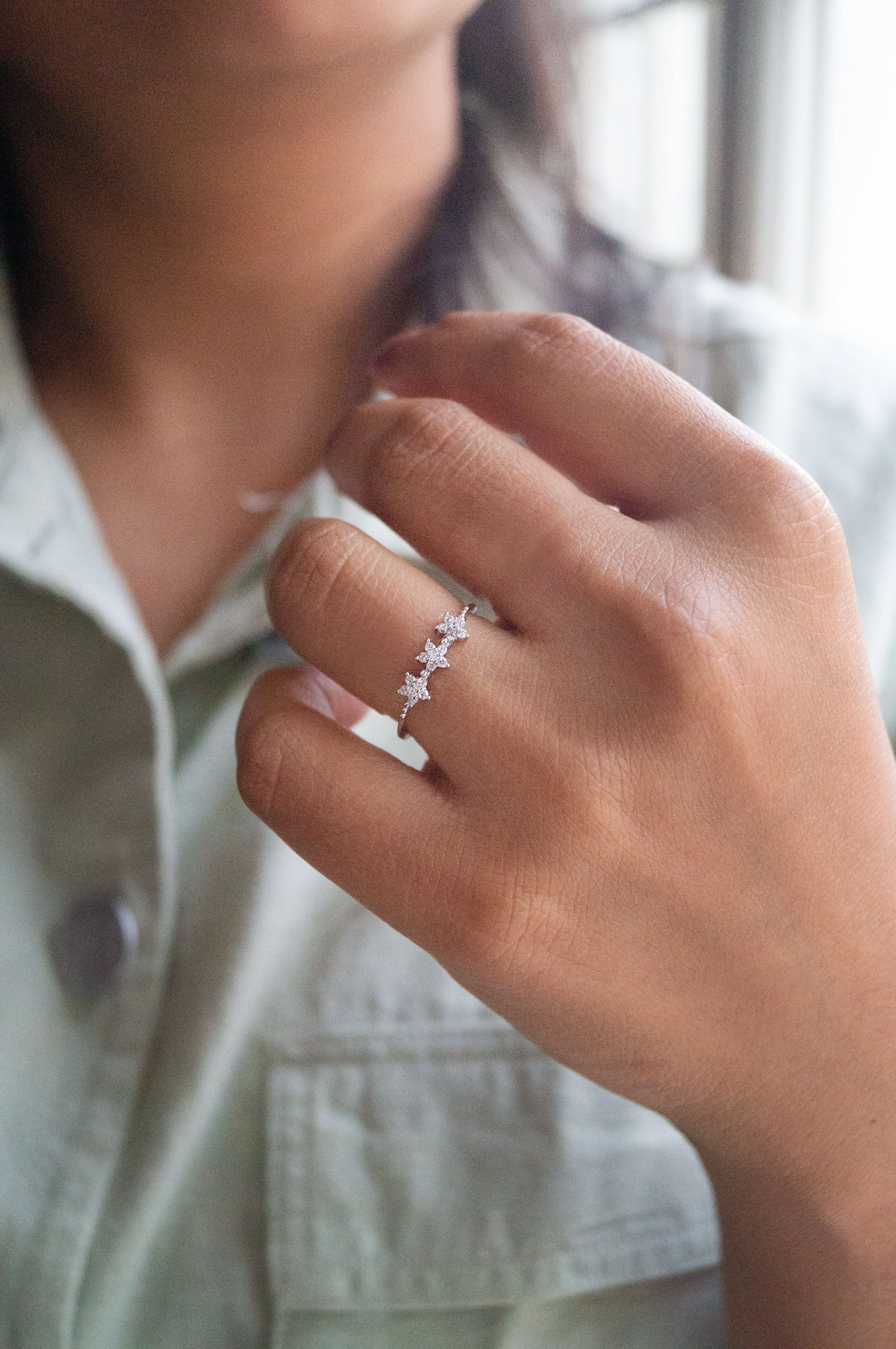 Triple Flower Sterling Silver Delicate Ring